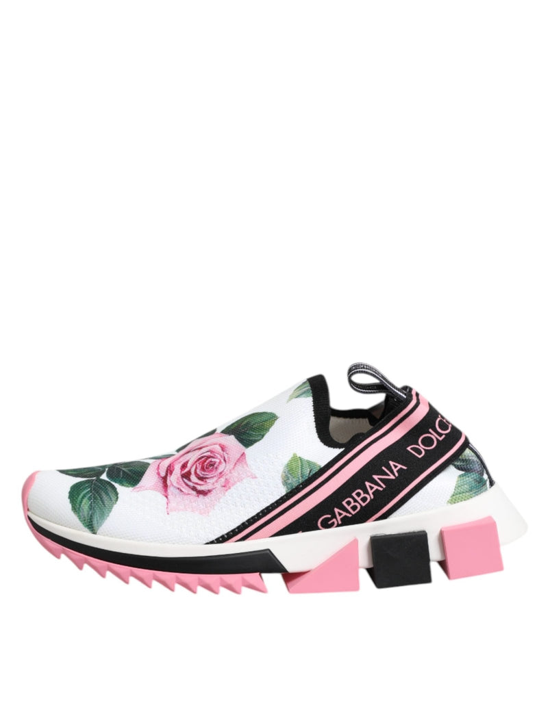 Dolce & Gabbana White Rose Print Sorrento Sneakers Shoes - Beyzy Store - Dolce & Gabbana
