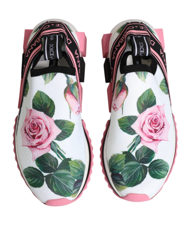 Dolce & Gabbana White Rose Print Sorrento Sneakers Shoes - Beyzy Store - Dolce & Gabbana
