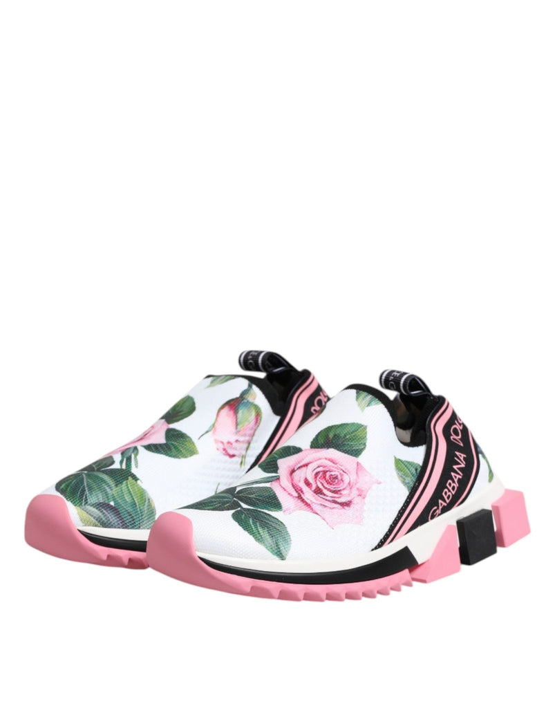 Dolce & Gabbana White Rose Print Sorrento Sneakers Shoes - Beyzy Store - Dolce & Gabbana