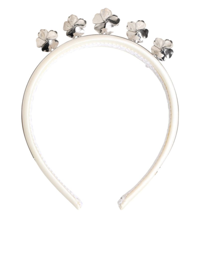 Dolce & Gabbana White Satin Palladium Silver Floral Crown Tiara Headband - Beyzy Store - Dolce & Gabbana