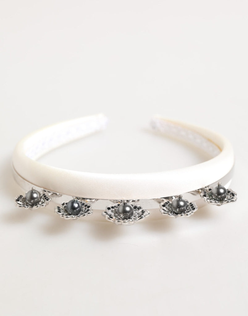 Dolce & Gabbana White Satin Palladium Silver Floral Crown Tiara Headband - Beyzy Store - Dolce & Gabbana