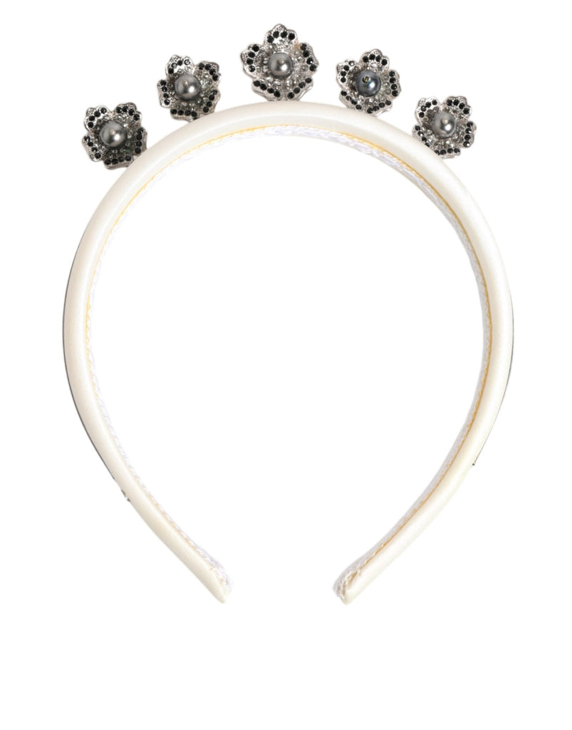 Dolce & Gabbana White Satin Palladium Silver Floral Crown Tiara Headband - Beyzy Store - Dolce & Gabbana