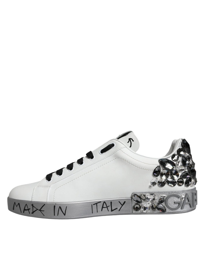 Dolce & Gabbana White Silver Crystal Logo Portofino Sneakers Shoes - Beyzy Store - Dolce & Gabbana