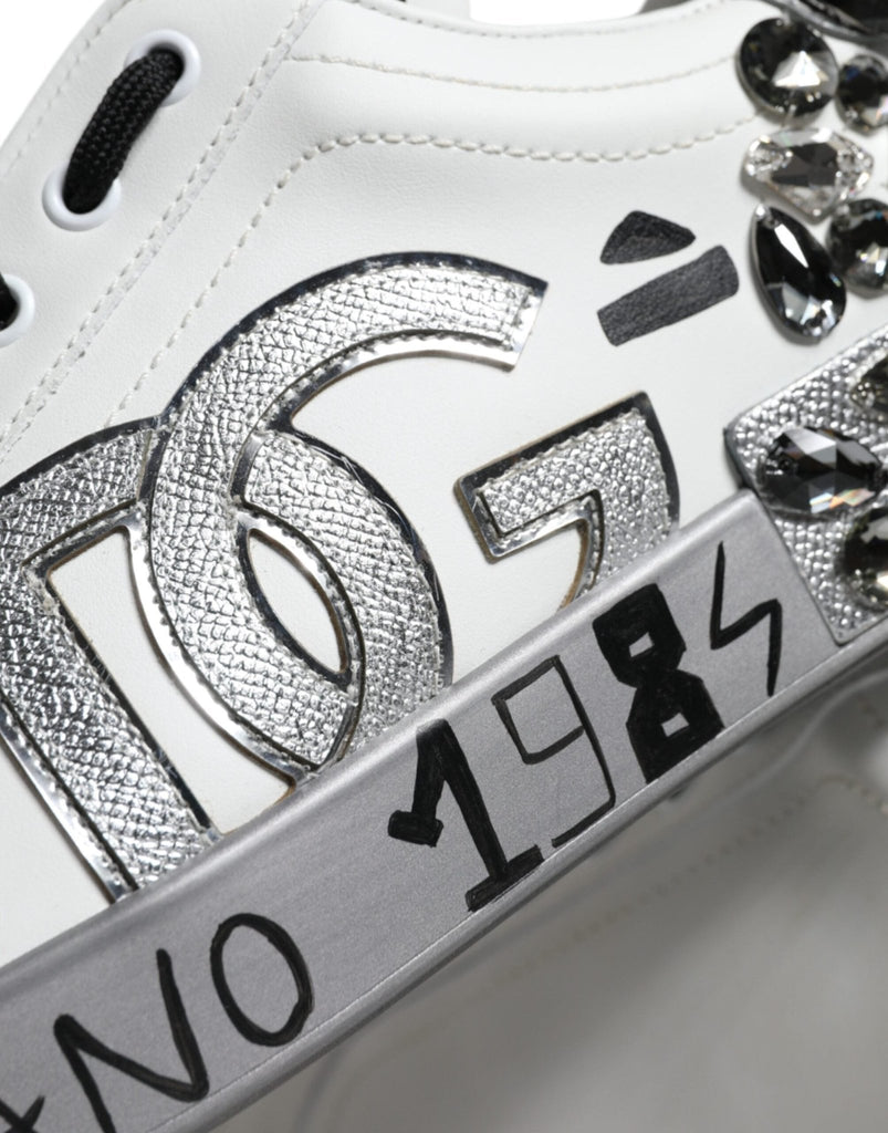Dolce & Gabbana White Silver Crystal Logo Portofino Sneakers Shoes - Beyzy Store - Dolce & Gabbana