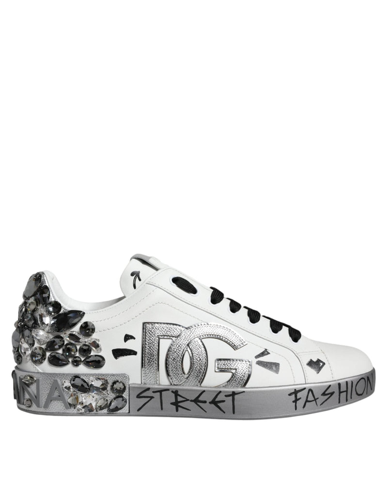 Dolce & Gabbana White Silver Crystal Logo Portofino Sneakers Shoes - Beyzy Store - Dolce & Gabbana