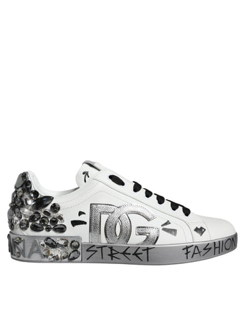 Dolce & Gabbana White Silver Crystal Logo Portofino Sneakers Shoes - Beyzy Store - Dolce & Gabbana