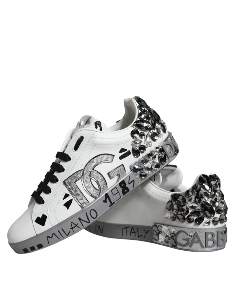 Dolce & Gabbana White Silver Crystal Logo Portofino Sneakers Shoes - Beyzy Store - Dolce & Gabbana