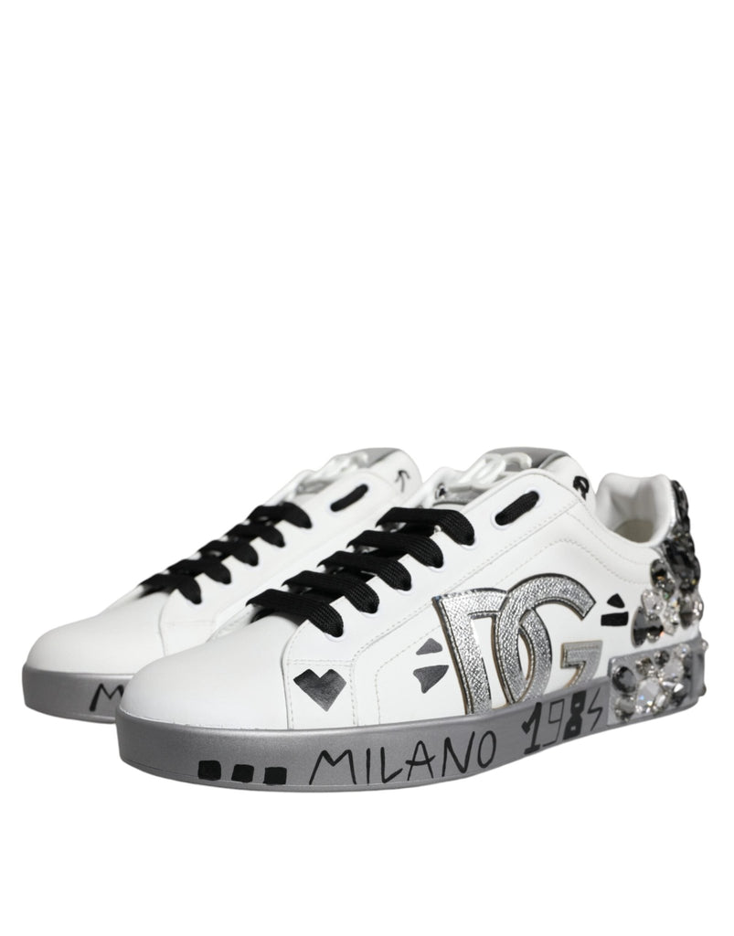 Dolce & Gabbana White Silver Crystal Logo Portofino Sneakers Shoes - Beyzy Store - Dolce & Gabbana