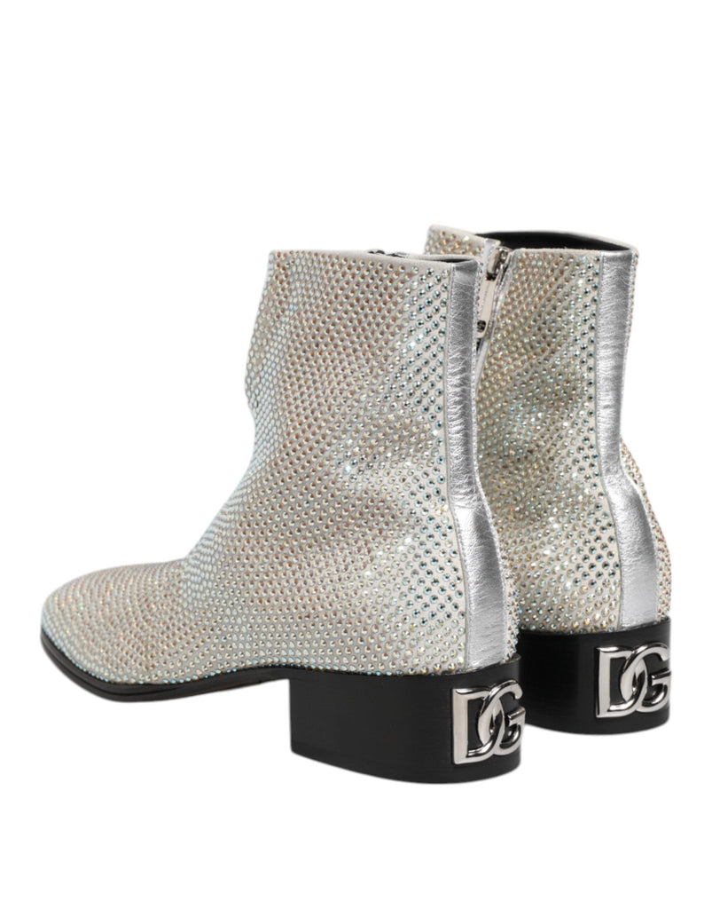 Dolce & Gabbana White Strass DG Logo Heels Ankle Boots Shoes - Beyzy Store - Dolce & Gabbana