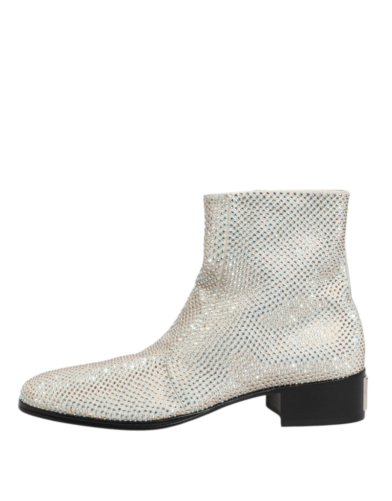 Dolce & Gabbana White Strass DG Logo Heels Ankle Boots Shoes - Beyzy Store - Dolce & Gabbana