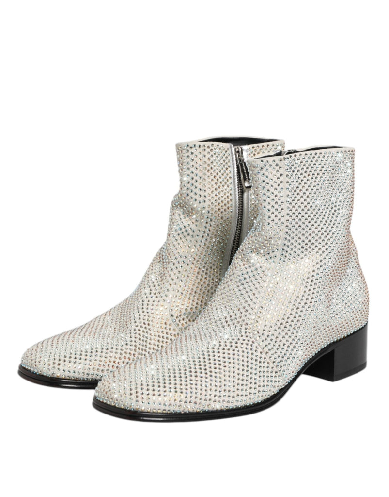Dolce & Gabbana White Strass DG Logo Heels Ankle Boots Shoes - Beyzy Store - Dolce & Gabbana