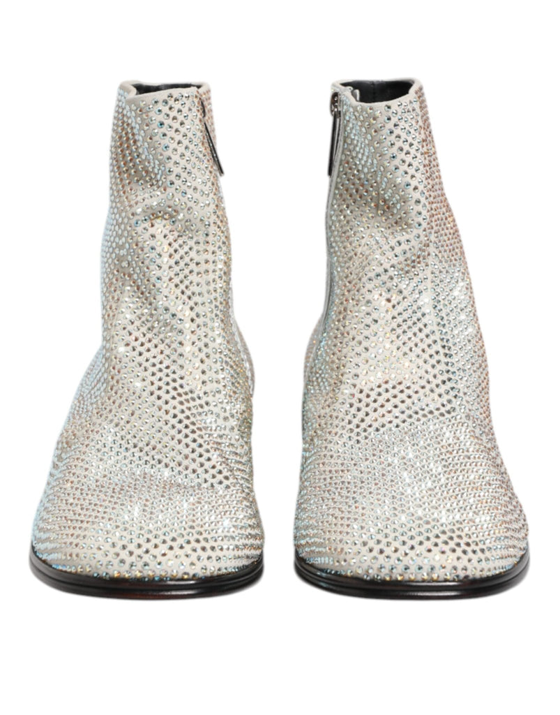 Dolce & Gabbana White Strass DG Logo Heels Ankle Boots Shoes - Beyzy Store - Dolce & Gabbana