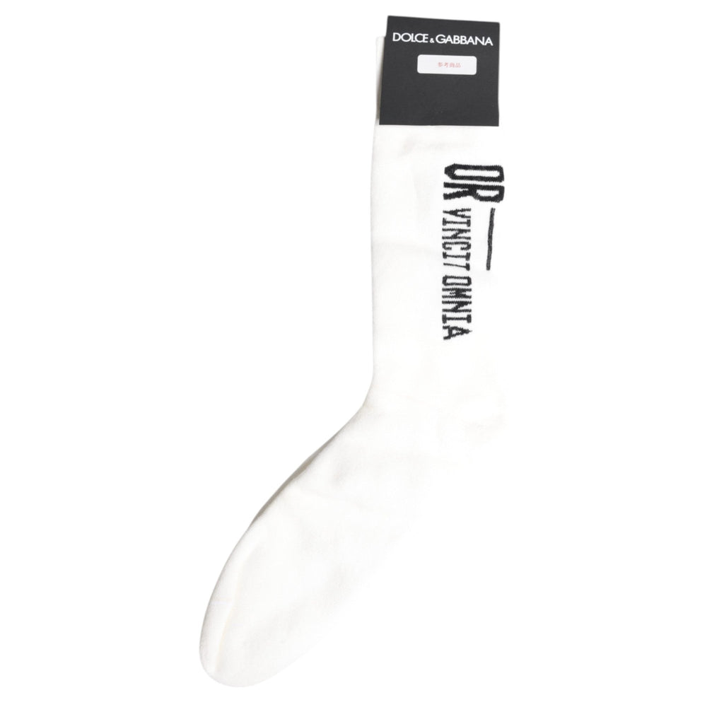 Dolce & Gabbana White Stretch OR VINCIT OMNIA Mid Calf Socks - Beyzy Store - Dolce & Gabbana