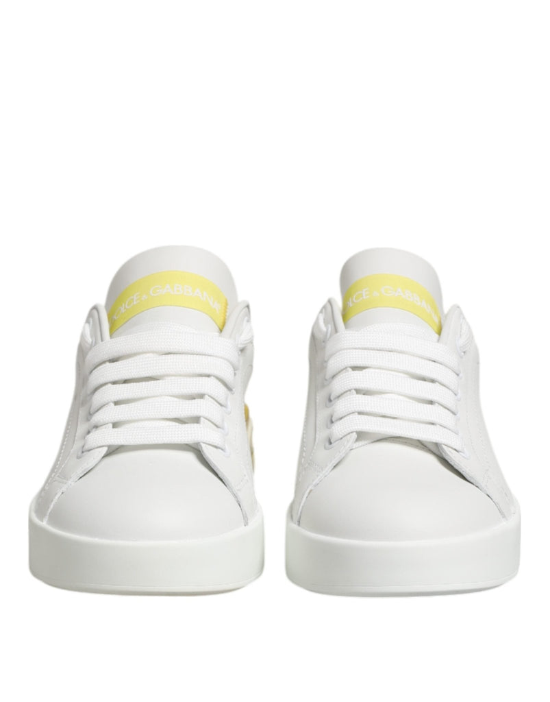 Dolce & Gabbana White Yellow Leather Low Top Sneakers Shoes - Beyzy Store - Dolce & Gabbana