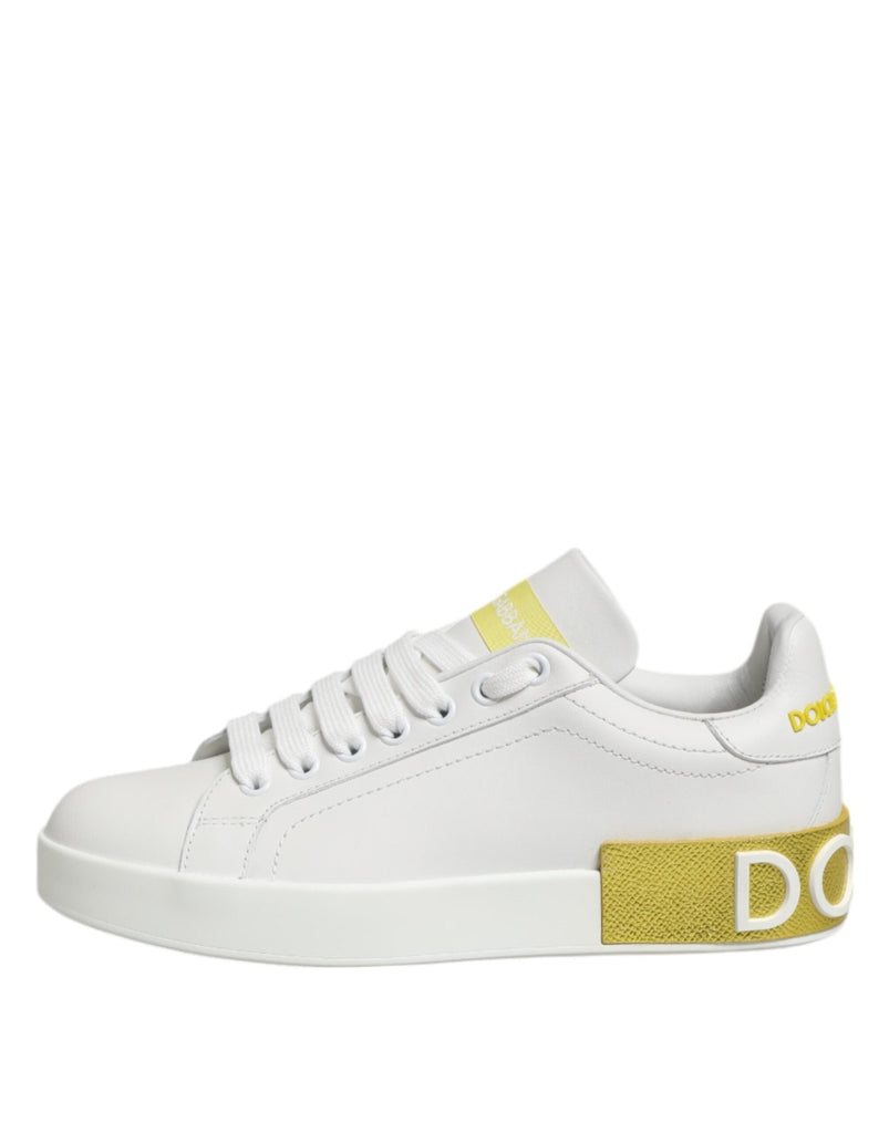 Dolce & Gabbana White Yellow Leather Low Top Sneakers Shoes - Beyzy Store - Dolce & Gabbana