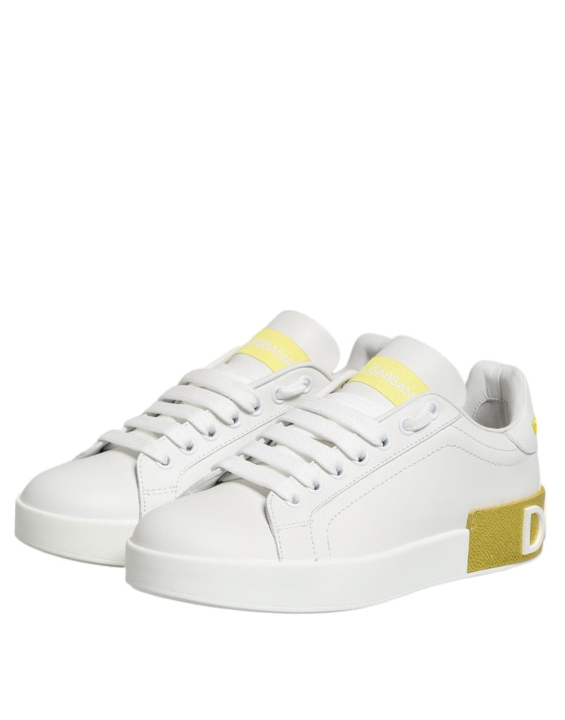 Dolce & Gabbana White Yellow Leather Low Top Sneakers Shoes - Beyzy Store - Dolce & Gabbana