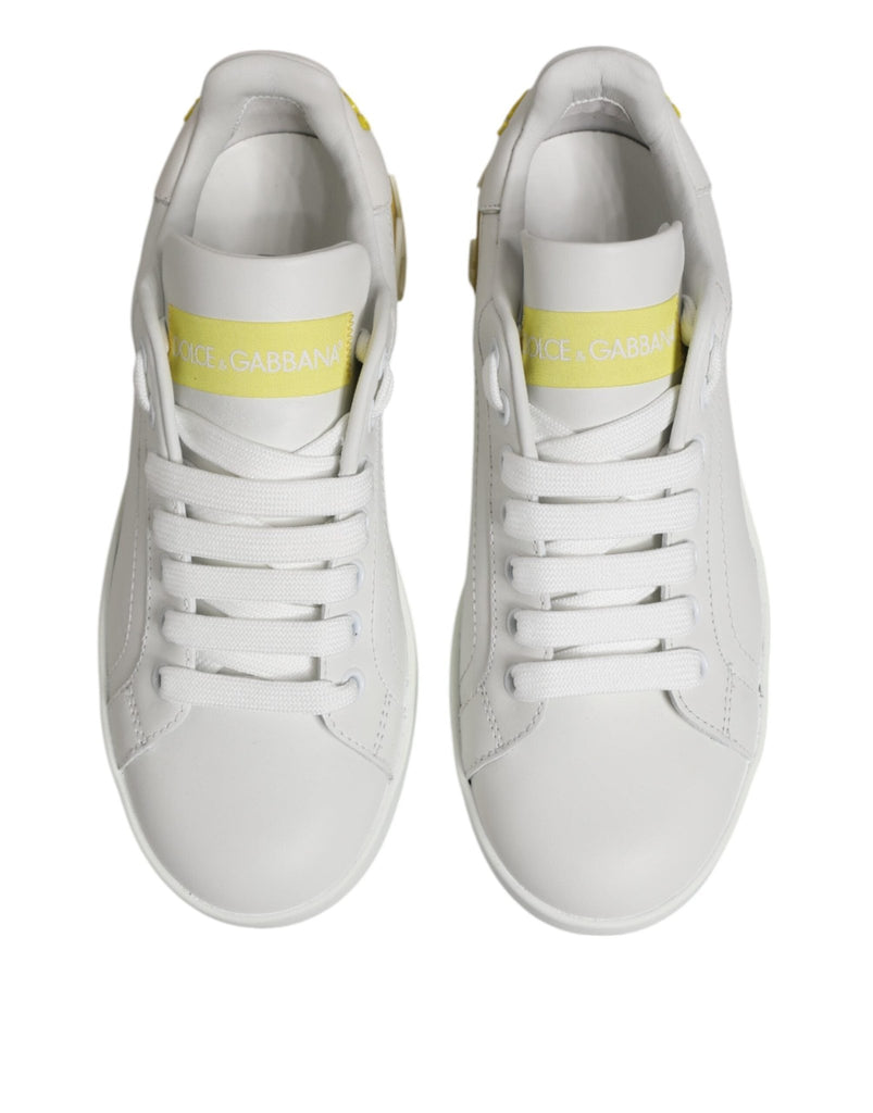 Dolce & Gabbana White Yellow Leather Low Top Sneakers Shoes - Beyzy Store - Dolce & Gabbana