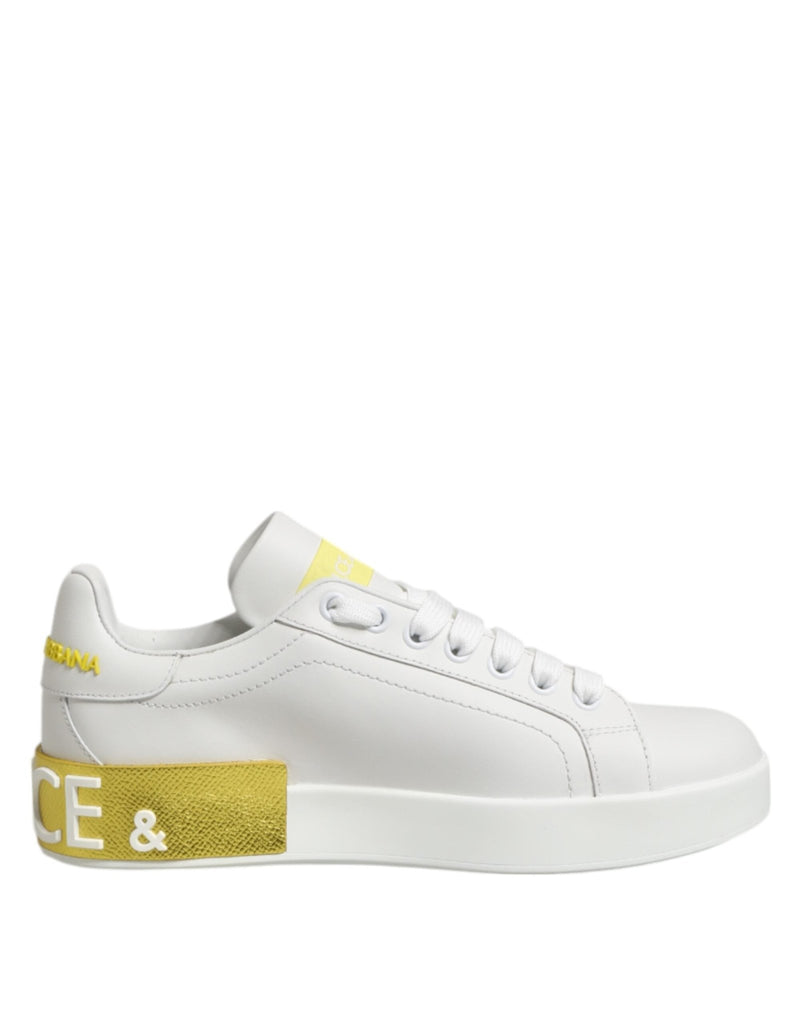 Dolce & Gabbana White Yellow Leather Low Top Sneakers Shoes - Beyzy Store - Dolce & Gabbana