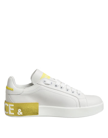 Dolce & Gabbana White Yellow Leather Low Top Sneakers Shoes - Beyzy Store - Dolce & Gabbana