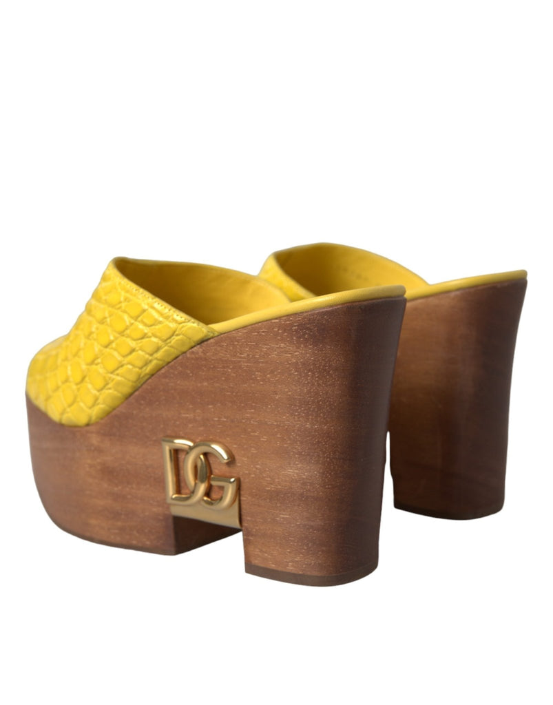 Dolce & Gabbana Yellow Leather Wood Mule Wedge Slides Shoes - Beyzy Store - Dolce & Gabbana