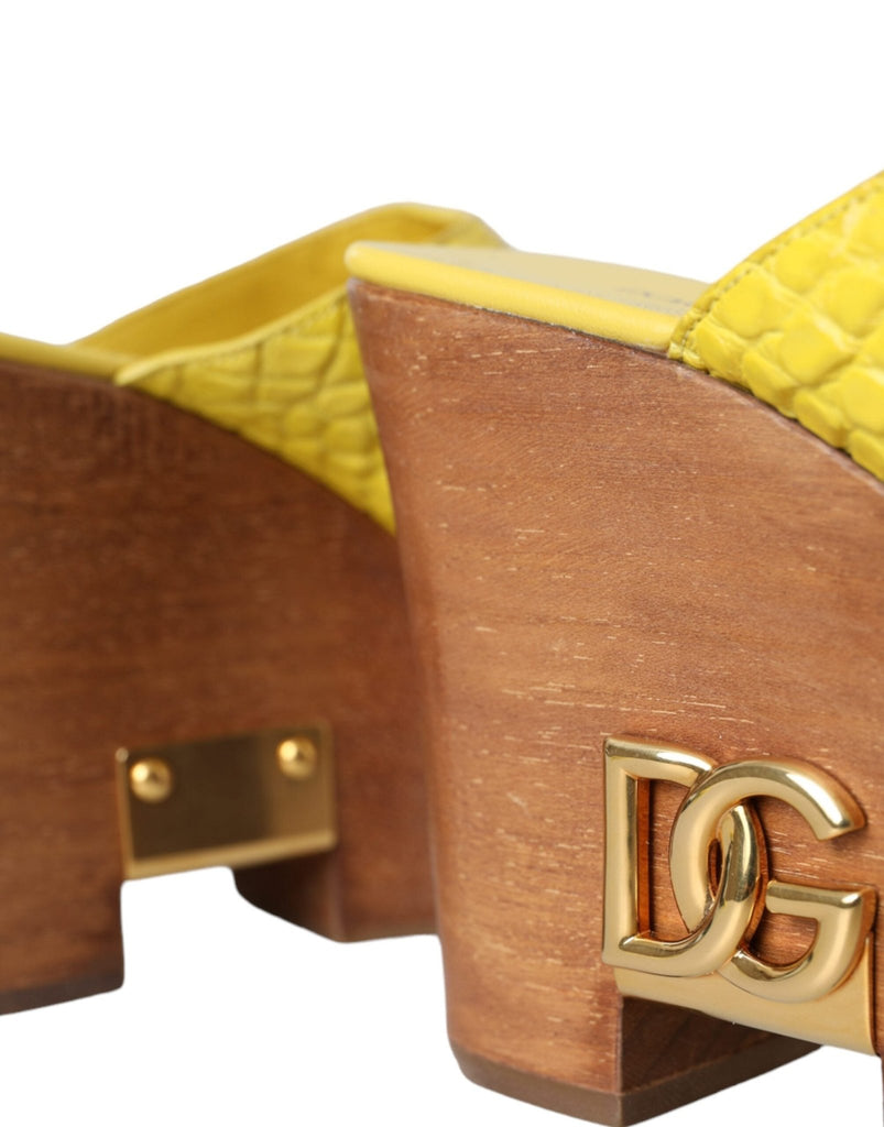 Dolce & Gabbana Yellow Leather Wood Mule Wedge Slides Shoes - Beyzy Store - Dolce & Gabbana
