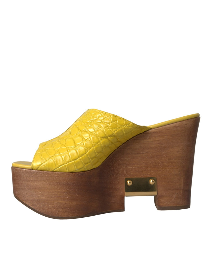Dolce & Gabbana Yellow Leather Wood Mule Wedge Slides Shoes - Beyzy Store - Dolce & Gabbana