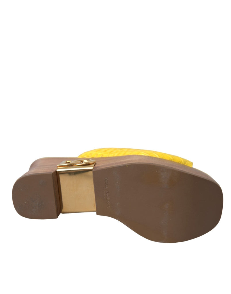 Dolce & Gabbana Yellow Leather Wood Mule Wedge Slides Shoes - Beyzy Store - Dolce & Gabbana