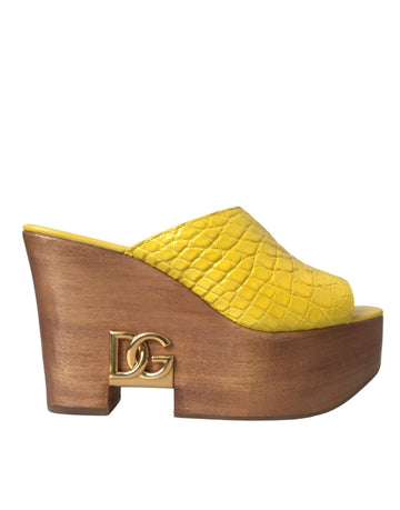 Dolce & Gabbana Yellow Leather Wood Mule Wedge Slides Shoes - Beyzy Store - Dolce & Gabbana