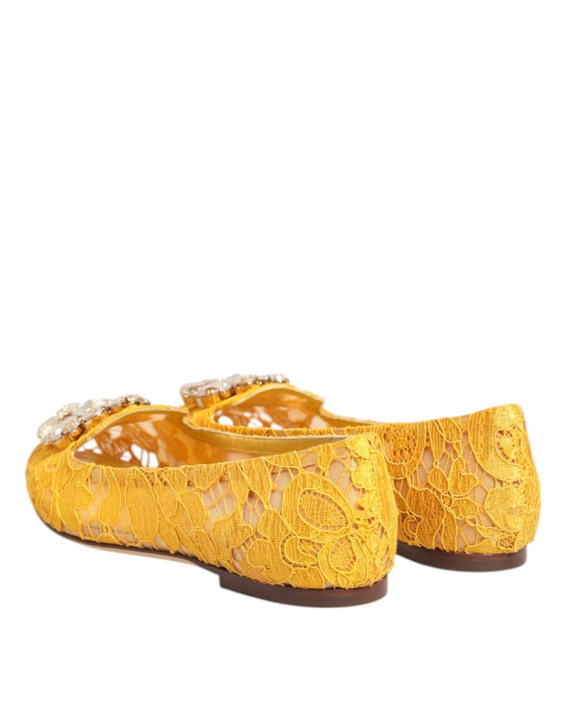 Dolce & Gabbana Yellow Taormina Lace Crystals Flats Shoes - Beyzy Store - Dolce & Gabbana