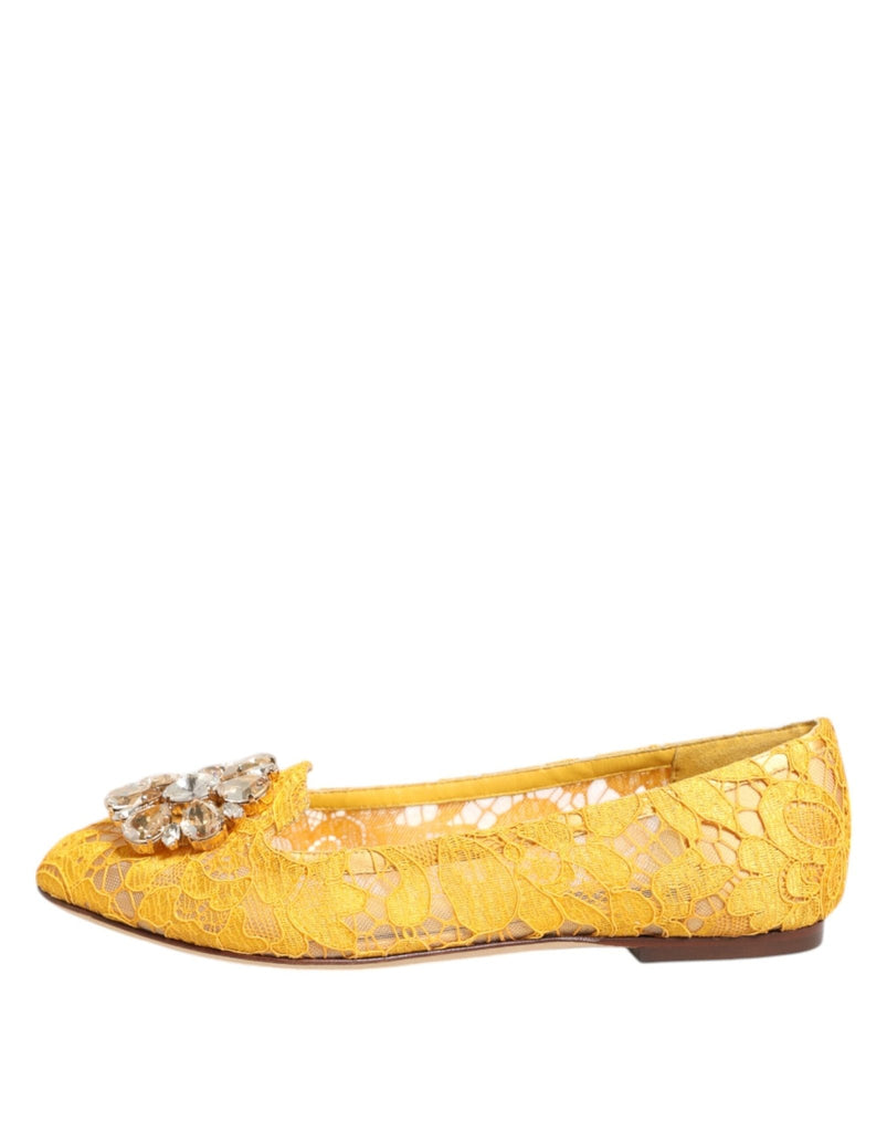 Dolce & Gabbana Yellow Taormina Lace Crystals Flats Shoes - Beyzy Store - Dolce & Gabbana