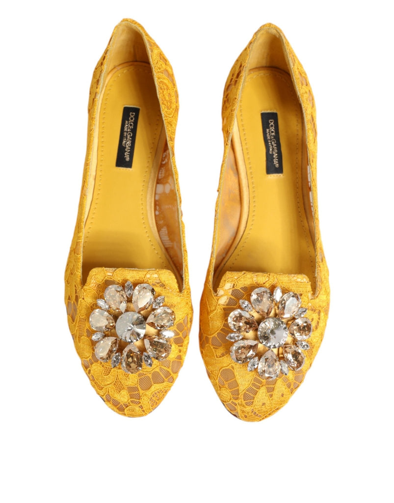 Dolce & Gabbana Yellow Taormina Lace Crystals Flats Shoes - Beyzy Store - Dolce & Gabbana