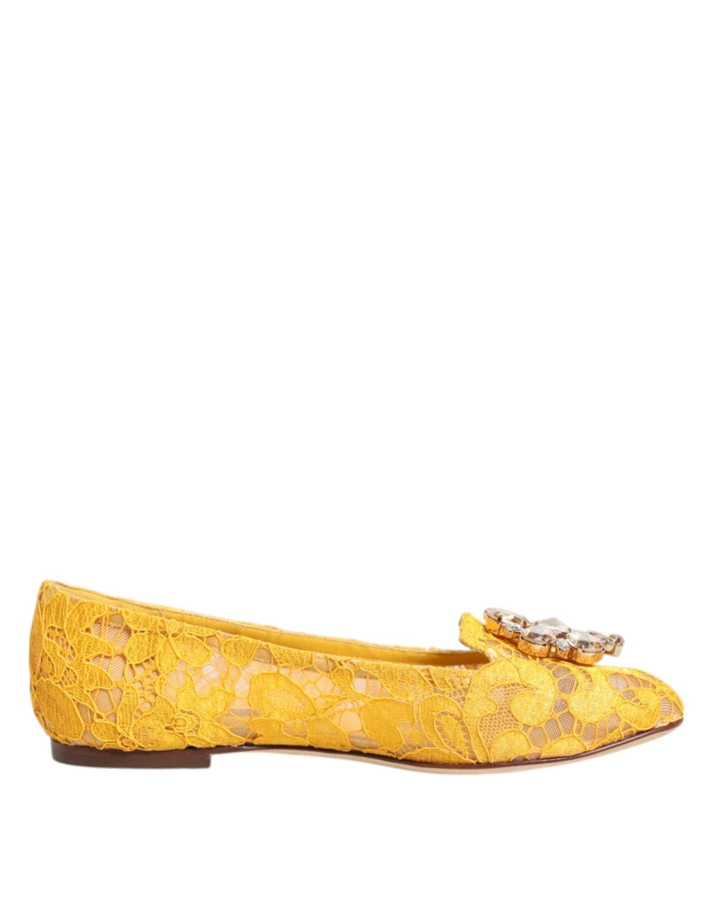 Dolce & Gabbana Yellow Taormina Lace Crystals Flats Shoes - Beyzy Store - Dolce & Gabbana
