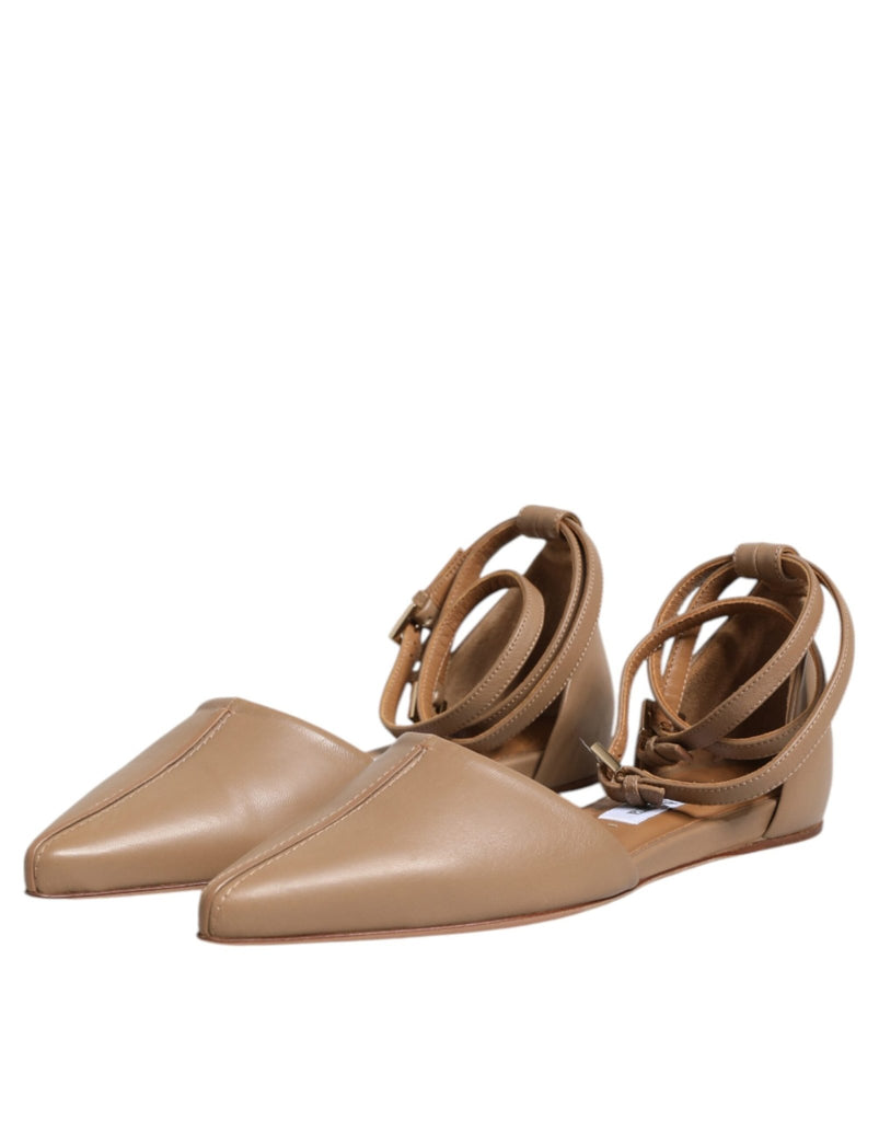 Max Mara Beige Leather Pointed Toe Sandals Ballet Flat Shoes - Beyzy Store - Max Mara