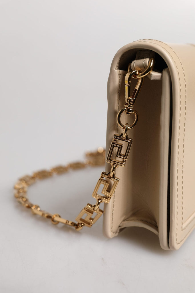 Versace Beige Gold Chain Calf Leather Wallet Crossbody Bag - Beyzy Store - Versace