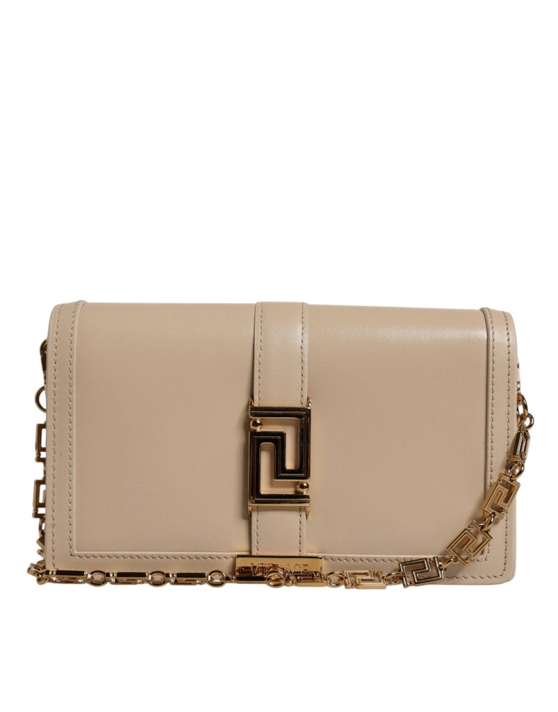 Versace Beige Gold Chain Calf Leather Wallet Crossbody Bag - Beyzy Store - Versace
