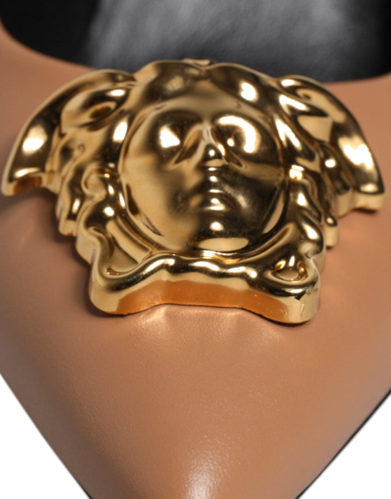 Versace Brown Leather Logo Plaque High Heels Pumps Shoes - Beyzy Store - Versace
