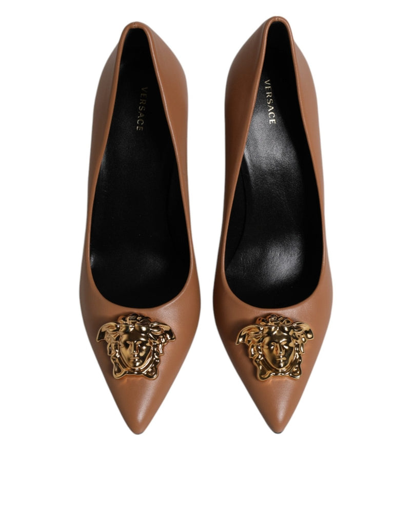 Versace Brown Leather Logo Plaque High Heels Pumps Shoes - Beyzy Store - Versace