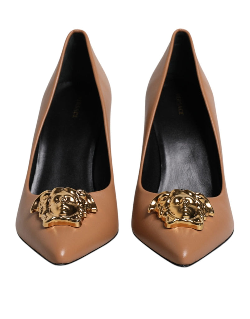 Versace Brown Leather Logo Plaque High Heels Pumps Shoes - Beyzy Store - Versace